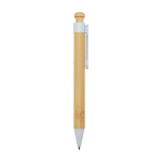 Stylo en bambou et plastique recyclé avec clip, encre noire couleur blanc deuxième vue latérale