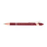 Stylo en aluminium recyclé avec finition or rose, encre noire couleur bordeaux vue impression avec logo 2
