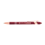 Stylo en aluminium recyclé avec finition or rose, encre noire couleur bordeaux troisième vue frontale