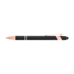 Stylo en aluminium recyclé avec finition or rose, encre noire couleur noir deuxième vue frontale