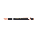 Stylo en aluminium recyclé avec finition or rose, encre noire couleur noir vue impression avec logo 2