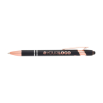 Stylo en aluminium recyclé avec finition or rose, encre noire couleur noir troisième vue frontale