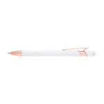 Stylo en aluminium recyclé avec finition or rose, encre noire couleur blanc deuxième vue frontale