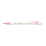 Stylo en aluminium recyclé avec finition or rose, encre noire couleur blanc vue impression avec logo 2