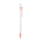 Stylo en aluminium recyclé avec finition or rose, encre noire couleur blanc deuxième vue latérale