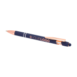 Stylo en aluminium recyclé avec finition or rose, encre noire couleur bleu marine quatrième vue