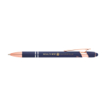 Stylo en aluminium recyclé avec finition or rose, encre noire couleur bleu marine vue impression avec logo 2