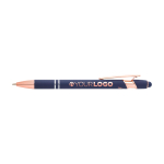 Stylo en aluminium recyclé avec finition or rose, encre noire couleur bleu marine troisième vue frontale
