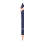 Stylo en aluminium recyclé avec finition or rose, encre noire couleur bleu marine vue latérale