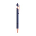 Stylo en aluminium recyclé avec finition or rose, encre noire couleur bleu marine deuxième vue latérale