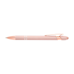 Stylo en aluminium recyclé avec finition or rose, encre noire couleur rose pastel deuxième vue frontale