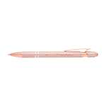 Stylo en aluminium recyclé avec finition or rose, encre noire couleur rose pastel troisième vue frontale