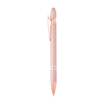 Stylo en aluminium recyclé avec finition or rose, encre noire couleur rose pastel vue latérale