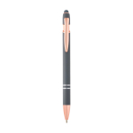 Stylo en aluminium recyclé avec finition or rose, encre noire couleur gris taupe