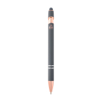 Stylo en aluminium recyclé avec finition or rose, encre noire couleur gris taupe deuxième vue arrière