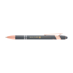 Stylo en aluminium recyclé avec finition or rose, encre noire couleur gris taupe vue impression avec logo 2