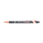Stylo en aluminium recyclé avec finition or rose, encre noire couleur gris taupe troisième vue frontale