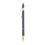 Stylo en aluminium recyclé avec finition or rose, encre noire couleur gris taupe vue latérale