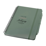 Cahier à couverture rigide en plastique recyclé A5 pages lignées couleur vert pastel vue avec impression sérigraphique