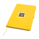 Cahier avec coins arrondis et couverture souple A5 pages lignées couleur jaune vue avec impression sérigraphique