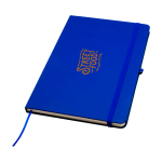 Cahier avec coins arrondis et couverture souple A5 pages lignées couleur bleu roi vue avec impression sérigraphique