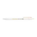 Stylo en plastique recyclé avec bille et clip, encre noire couleur blanc vue avec impression sérigraphique