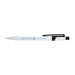 Stylo sophistiqué en plastique recyclé bicolore, encre bleue couleur noir vue avec impression sérigraphique