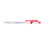 Stylo sophistiqué en plastique recyclé bicolore, encre bleue couleur rouge vue avec impression sérigraphique