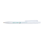 Stylo sophistiqué en plastique recyclé bicolore, encre bleue couleur blanc vue avec impression sérigraphique