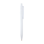 Stylo sophistiqué en plastique recyclé bicolore, encre bleue couleur blanc deuxième vue latérale