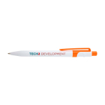 Stylo sophistiqué en plastique recyclé bicolore, encre bleue couleur orange vue avec impression sérigraphique