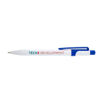 Stylo sophistiqué en plastique recyclé bicolore, encre bleue couleur bleu roi vue avec impression sérigraphique