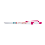 Stylo sophistiqué en plastique recyclé bicolore, encre bleue couleur fuchsia vue avec impression sérigraphique