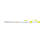Stylo sophistiqué en plastique recyclé bicolore, encre bleue couleur vert lime vue avec impression sérigraphique