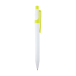 Stylo sophistiqué en plastique recyclé bicolore, encre bleue couleur vert lime deuxième vue latérale