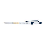 Stylo sophistiqué en plastique recyclé bicolore, encre bleue couleur bleu marine vue avec impression sérigraphique