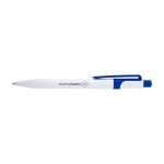 Stylo en plastique recyclé sophistiqué, encre noire couleur bleu roi vue avec impression sérigraphique