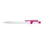 Stylo en plastique recyclé sophistiqué, encre noire couleur fuchsia deuxième vue frontale