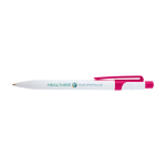 Stylo en plastique recyclé sophistiqué, encre noire couleur fuchsia vue avec impression sérigraphique