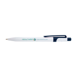 Stylo en plastique recyclé sophistiqué, encre noire couleur bleu marine vue avec impression sérigraphique