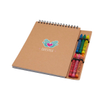 Cahier à spirale avec couverture souple et crayons de cire intégrés couleur naturel vue avec impression sérigraphique