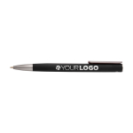 Stylo en aluminium recyclé avec clip argenté, encre bleue couleur noir troisième vue frontale
