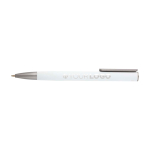 Stylo en aluminium recyclé avec clip argenté, encre bleue couleur blanc troisième vue frontale