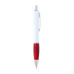 Stylo en plastique recyclé incurvé avec grip, encre noire couleur rouge deuxième vue latérale