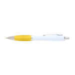 Stylo en plastique recyclé incurvé avec grip, encre noire couleur jaune deuxième vue frontale