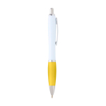Stylo en plastique recyclé incurvé avec grip, encre noire couleur jaune deuxième vue latérale