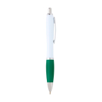 Stylo en plastique recyclé incurvé avec grip, encre noire couleur vert deuxième vue latérale