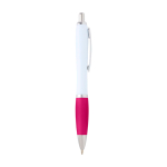 Stylo en plastique recyclé incurvé avec grip, encre noire couleur rose deuxième vue latérale