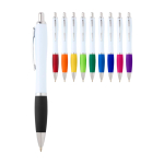 Stylo en plastique recyclé incurvé avec grip, encre noire couleur mauve deuxième vue en couleurs