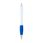 Stylo en plastique recyclé incurvé avec grip, encre noire couleur bleu pastel deuxième vue arrière